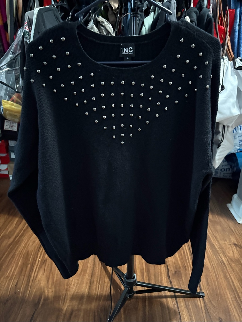 INC International Concepts Black Crewneck Sweater with Silver Studs